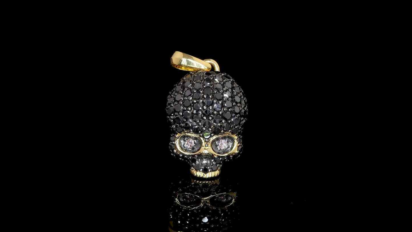 Skull pendant with 88 black diamonds and 2 pink diamonds for the eyes, total 1.81 carats, available in 14KT and 18KT white, yellow, and rose gold – Jenny Jewells