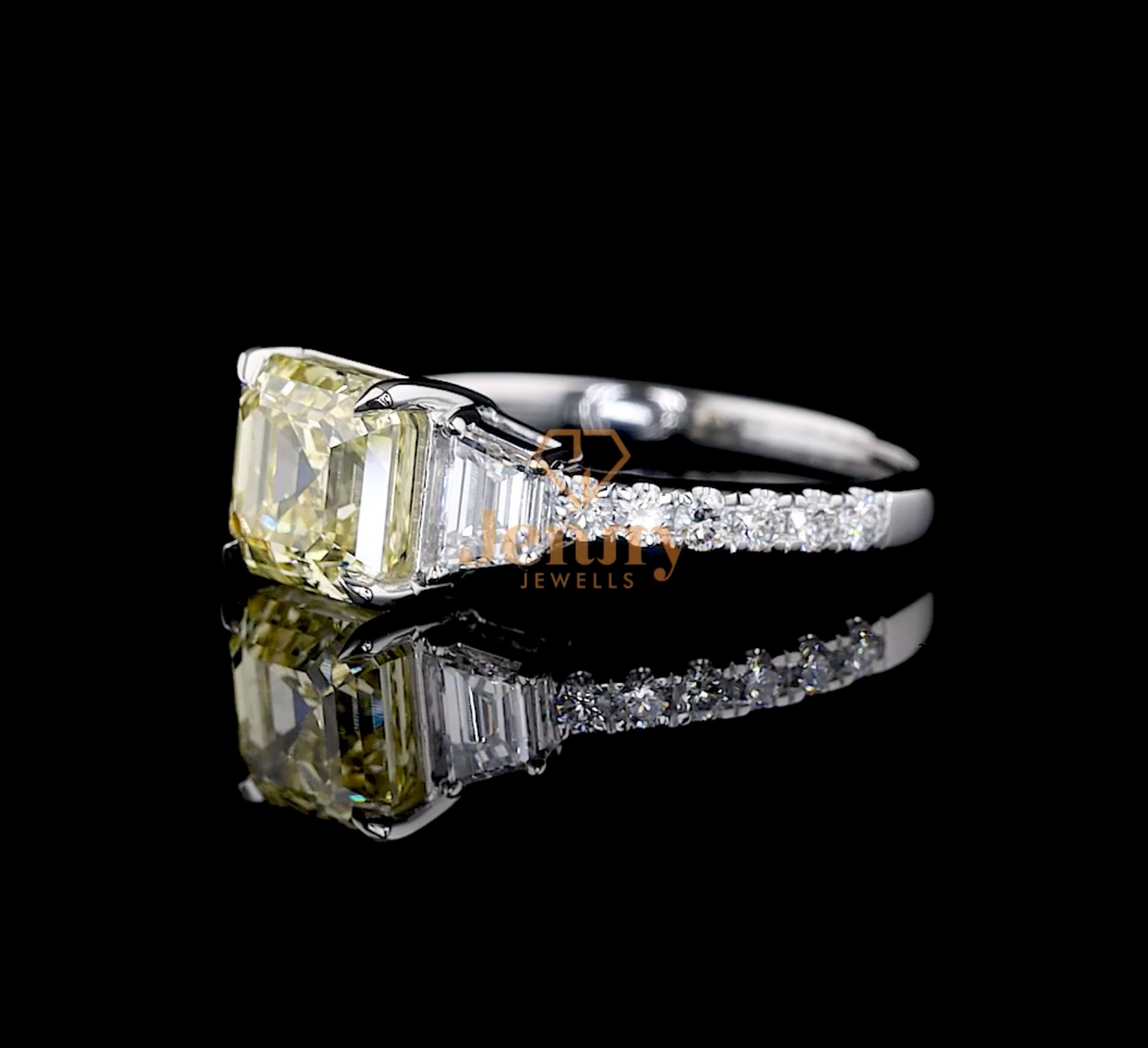 Vivid Yellow Asscher-Cut Diamond Ring with a 2.72 CT yellow diamond and round white diamond accents, set in white, yellow, or rose gold. A rare and elegant masterpiece.