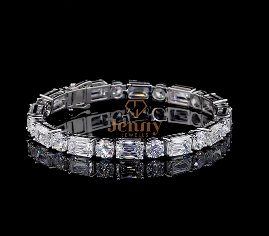 Radiant-Cut Diamond Tennis Bracelet with 26.15 CT of radiant and round-cut diamonds set in white, yellow, or rose gold. A sleek and modern jewelry masterpiece.