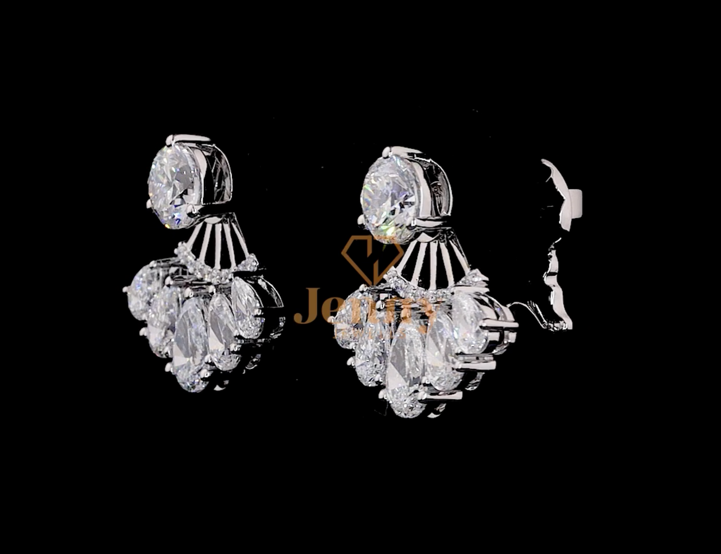 Convertible Diamond Earrings with a round center diamond and foldable pear-cut diamond surround, set in white, yellow, or rose gold. A luxurious and versatile jewelry piece.