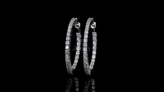 Close-up of 56 finely set lab-grown diamonds on bangle-style hoop earrings