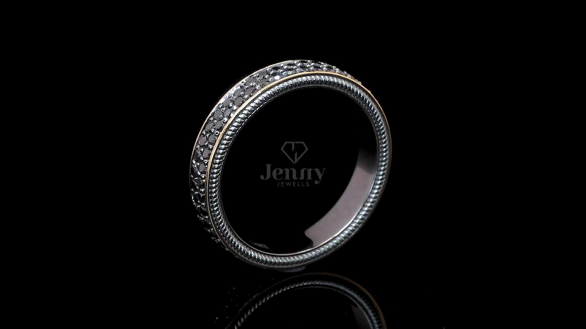 Side profile of modern black diamond band ring with pavé set diamonds